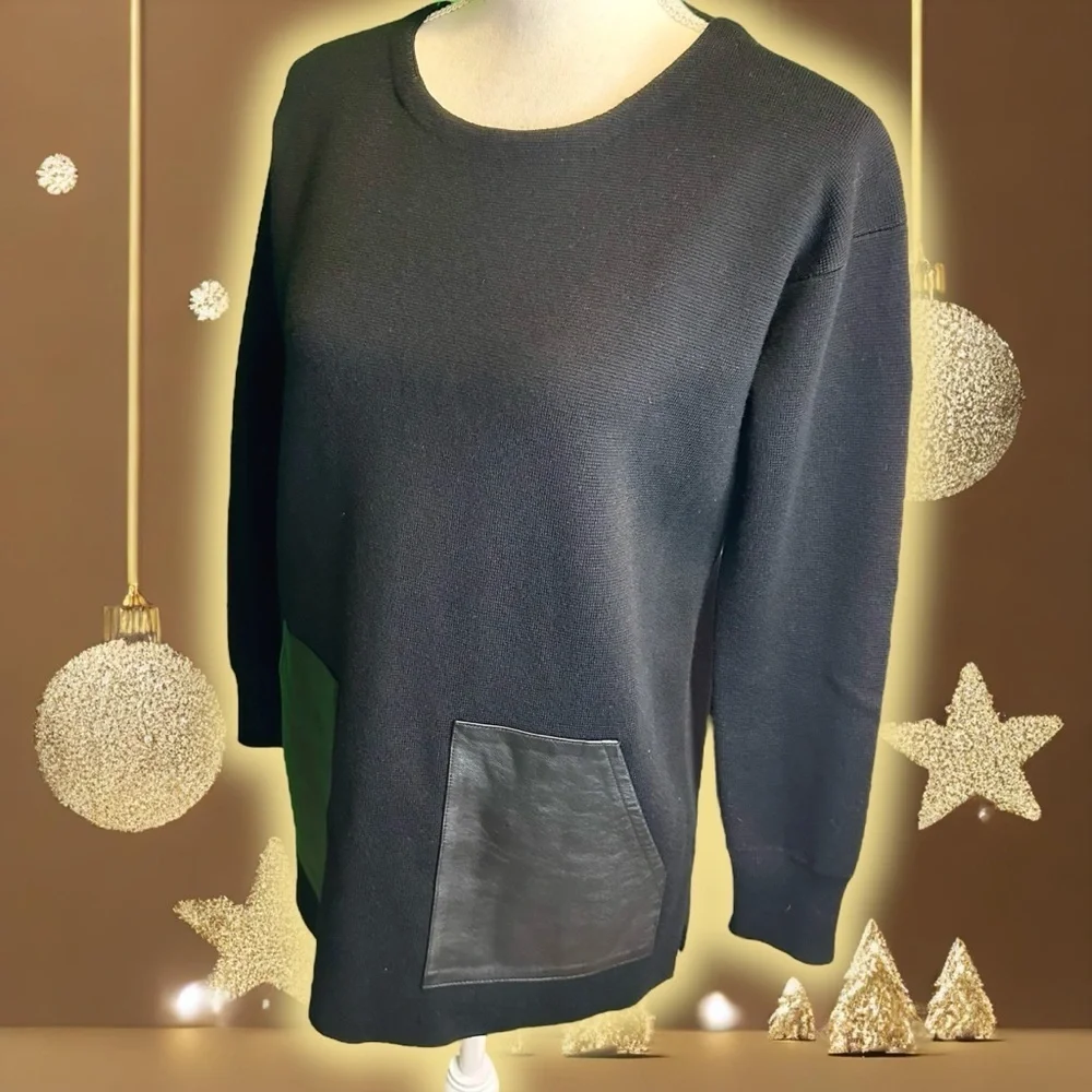 NWOT J. Crew Black ‘100% Merino Wool & Genuine Leather Pocket Sweater’ Size XS